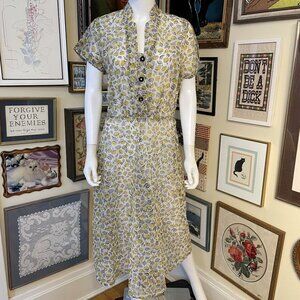 30s Vintage Sheer White Yellow Black Floral Short Sleeve Shirt Dress Size XL